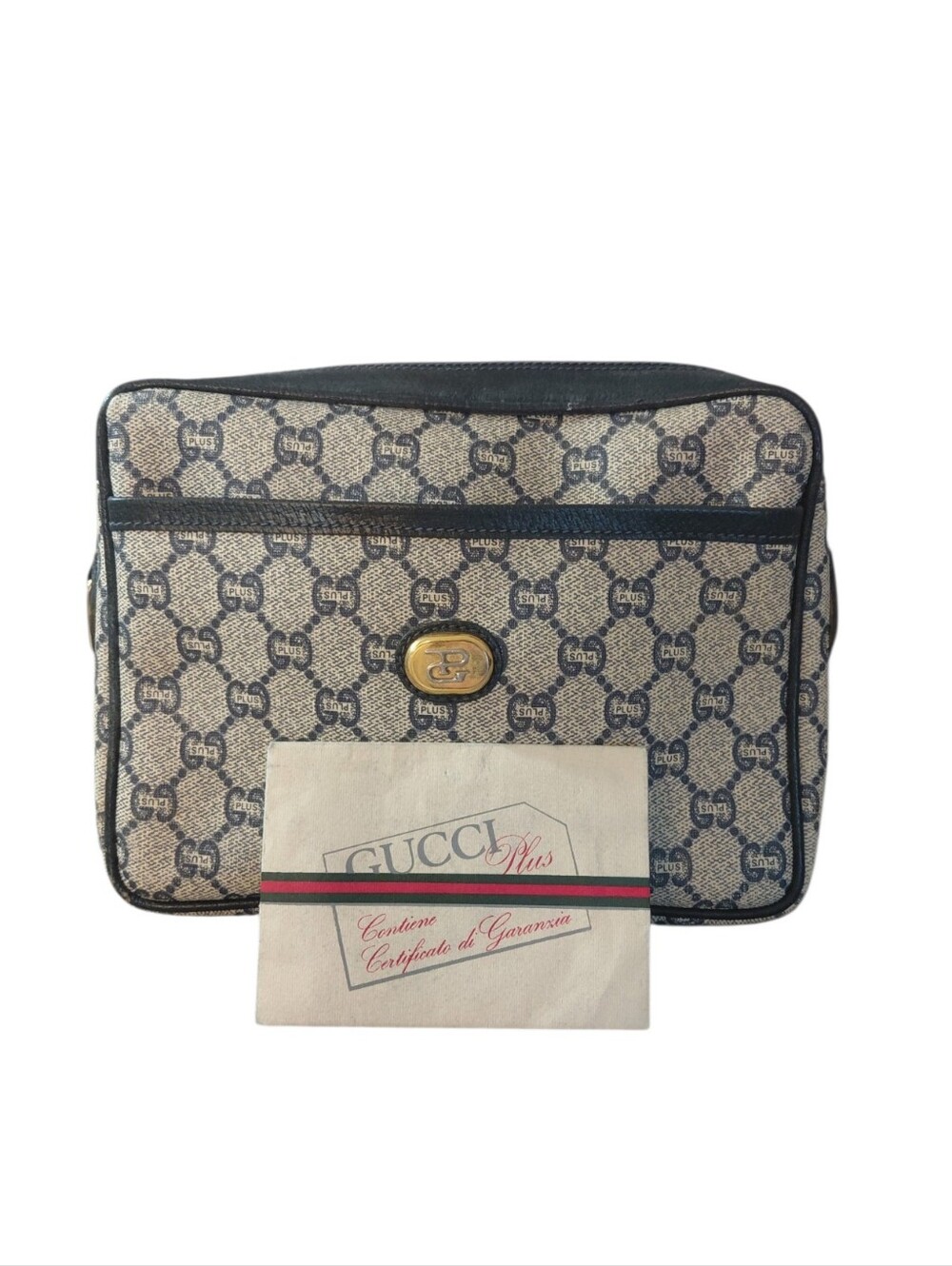 Gucci Plus Beige and Blue/Black GG Canvas Toiletry Bag Clutch With Emblem